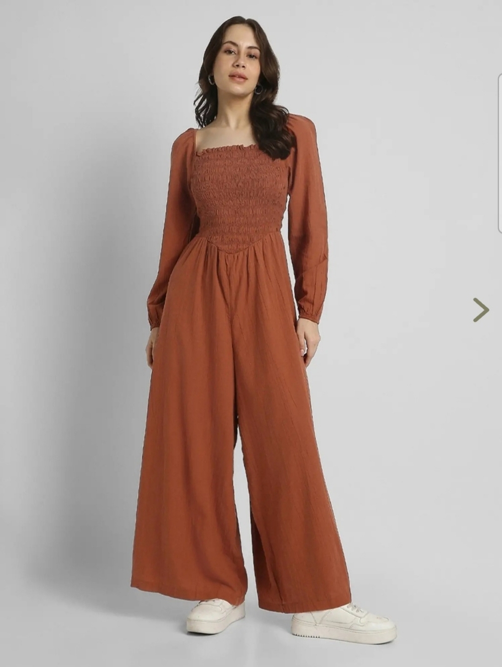 Smocked Rust Wide-Leg Jumpsuit with Long Sleeves